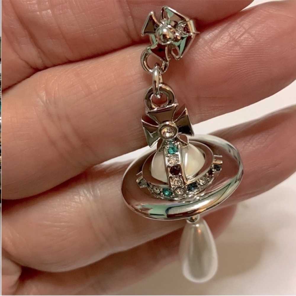 silver Saturn 🪐 orb pearl drop earrings 18k gold plated silver New - Picture 3 of 5